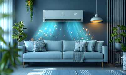 An energy-efficient air conditioner with fresh natural in a modern living room.