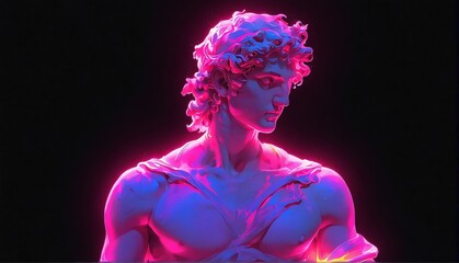 pink neon light glowing god apollo greek statue on pla plain black background from Generative AI - obrazy, fototapety, plakaty