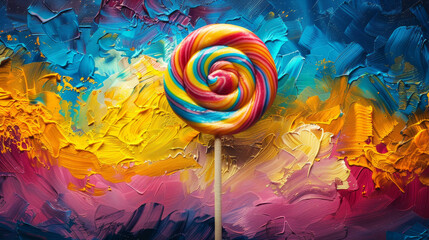 Colorful pop art lollipop with vibrant swirls on an abstract background