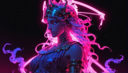 pink neon light glowing goddess athena greek statue on plain black background from Generative AI
