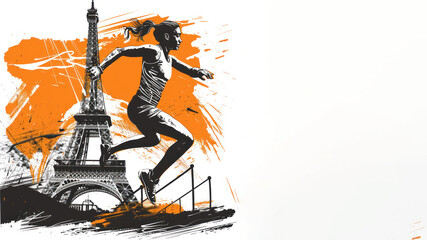 Obraz premium Orange painting of athletes jumping over hurdles by the Eiffel Tower