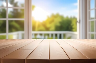 A light wooden textured table against a blurred summer window background.