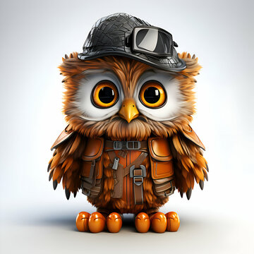 Cute owl with a motorcycle helmet on his head. 3d illustration.