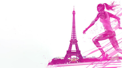 Pink painting of athletes jumping over hurdles by the Eiffel Tower