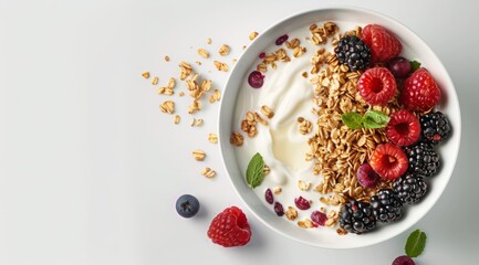 A close up view of a bowl of a healthy morning meal with fresh granola, yogurt and berries. Bowl of granola with milk and berries on a white background. In the bowl there are cornflakes, honeycomb