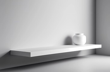 Simple yet strikingly beautiful monochromatic minimalist theme features a pure white color background with floating shelf podiums. Vases and other items standing on the shelves. White wall.