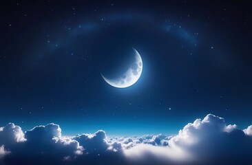 A serene night sky with a luminous crescent moon surrounded by glittering stars and soft clouds. A romantic mood. A magical night.