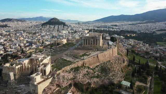 Acropolis in Greece, Parthenon in Athens drone aerial view, famous Greek tourist attraction, Ancient Greece landmark drone aerial view - sigthseeing destination Unesco Heritage world in Atene 