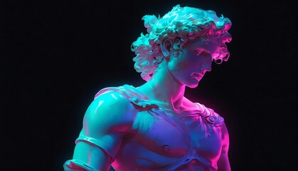 teal neon light glowing god apollo greek statue on pla plain black background from Generative AI - obrazy, fototapety, plakaty