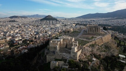 Acropolis in Greece, Parthenon in Athens drone aerial view, famous Greek tourist attraction,...