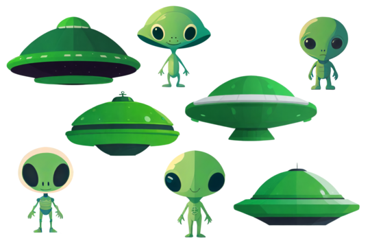 A set of cute green children's drawn aliens and flying saucers. UFO drawing, clip art - Powered by Adobe