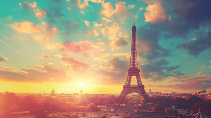 Eiffel Tower at sunset in Paris France. Vintage filter