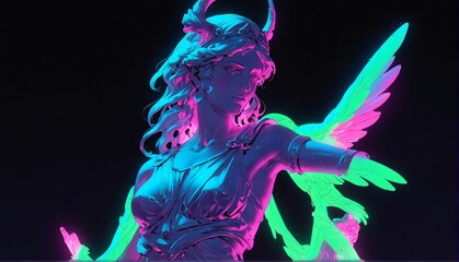 teal neon light glowing goddess athena greek statue on plain black background from Generative AI