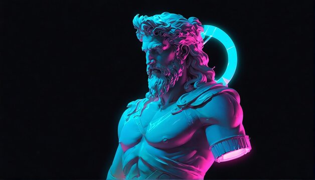 teal neon light glowing god zeus greek statue on plain black background from Generative AI