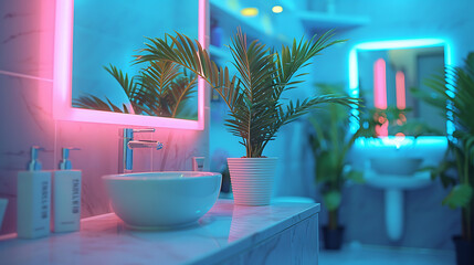 Bathroom sink with white top and green potted plant illuminated skin care products - obrazy, fototapety, plakaty
