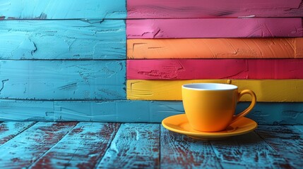 An eye-catching orange coffee cup rests on a brightly painted, textured wooden background, infusing a sense of warmth and inspiration into any setting.