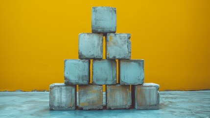 Artistic composition of gray cement blocks stacked in a pyramid form, contrasting boldly against a...