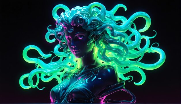 teal neon light glowing medusa statue on plain black background from Generative AI
