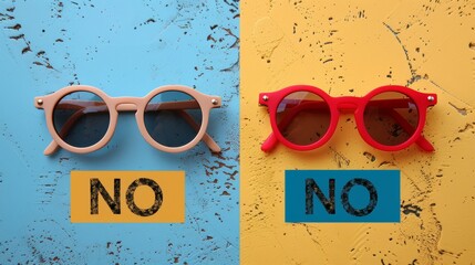 Two pairs of vibrant sunglasses, one pink and one red, each with a ‘No' sign, set against contrasting blue and yellow backgrounds, symbolizing choice and refusal in a colorful, eye-catching style.