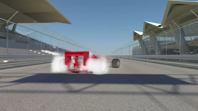 Racing Car Finishing The Race And Wining. Then Spinning Around. Sports And Car Racing Related 3D Animation.