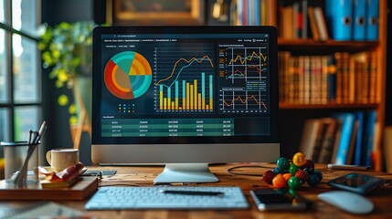 Create a high-resolution image of a PC monitor in an educational analyst's office, displaying vibrant charts and graphs of student test scores across various subjects.