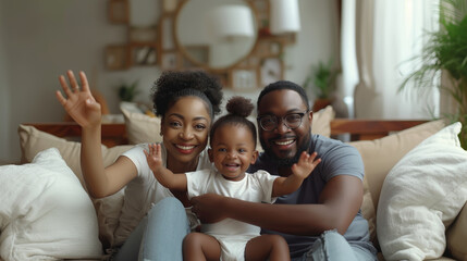 Fototapeta premium Joyful African american family with young daughter sitting on a couch at home, smiling and waving at the camera. They share a moment of happiness and togetherness.