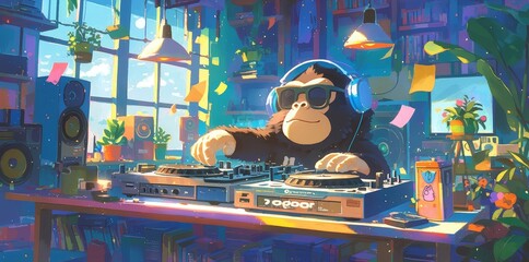 Gorilla with headphones and sunglasses, spinning turntables with a vibrant neon-lit nightclub setting. The DJ booth is filled with colorful lights and speakers, creating an energetic atmosphere.