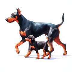 Doberman Pinscher Dog Father and Son  .  Happy Father's Day  Watercolor Clip Art. Greeting Postcard Art Cute Cartoon Character Drawing Illustration. For Dad and kids