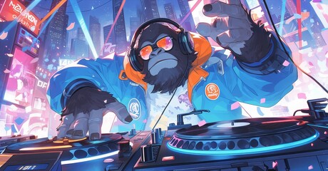 Gorilla with headphones and sunglasses, spinning turntables with a vibrant neon-lit nightclub setting. The DJ booth is filled with colorful lights and speakers, creating an energetic atmosphere.