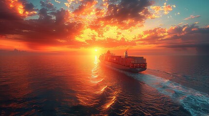 A large container ship sailing across the ocean at evening sunset with cargo ships for import and export logistics and world trade - obrazy, fototapety, plakaty