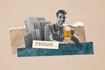 Composite photo collage of happy man hold big glass beer beverage friday relax occasion bar building enjoy isolated on painted background - obrazy, fototapety, plakaty
