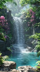 Lagoon and waterfall border, dive into discounts in central text area