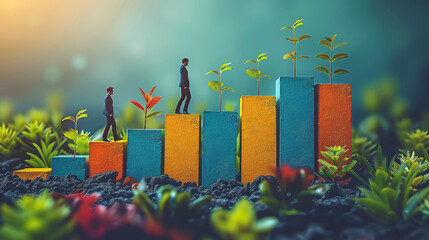 Image depicting businessmen ascending colorful growth bars among vibrant greenery, symbolizing career progress and success in a lush, thriving environment. - 793858712