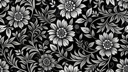 Black and white seamless floral wallpaper with vintage floral pattern design