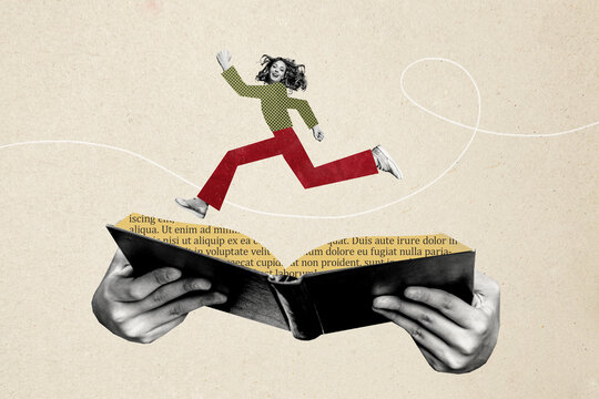 Composite photo collage of happy girl run hurry open book page student exam preparation bookworm hobby isolated on painted background