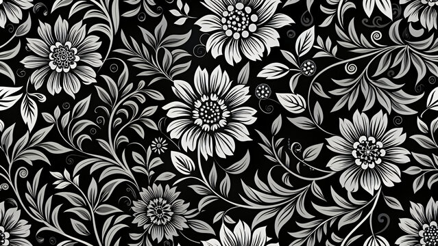 Fototapeta Black and white seamless floral wallpaper with vintage floral pattern design