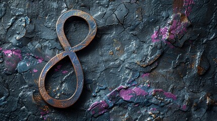An artistic portrayal of the infinity symbol, representing gender equality on a cracked, textured backdrop with vivid paint splatters.