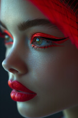 A closeup of the face, with red eyeliner and lipstick on her eyes, creating an eyecatching effect