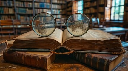 Vintage library setting captures a large open book under a magnifying glass with a map, surrounded by other antique books. A scene that merges education with exploration.