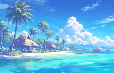 Fototapeta na wymiar A tropical beach with palm trees and thatched huts, blue sky, a small island in the background, colorful anime style, dreamy, fantasy.