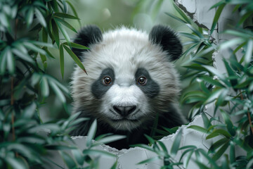 A curious panda peeks through a white wall surrounded by bamboo leaves