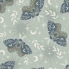 Seamless pattern with moon moths. Boho magic background with space elements, stars, crescents. 