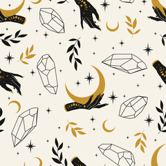 Vector magic seamless pattern with woman hands, crystals, moon, plants and stars. Mystical esoteric background for design of fabric, packaging, astrology, phone case, wrapping paper. 
