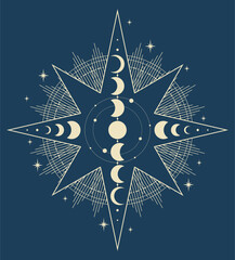Mystical drawing of the moon phases, boho illustration, magic card. Vector hand drawing.Blue background
