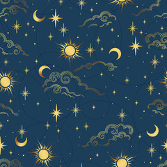 Vector blue seamless pattern with moon, plants and stars. Mystical esoteric background for design of fabric, packaging, astrology, phone case, wrapping paper.