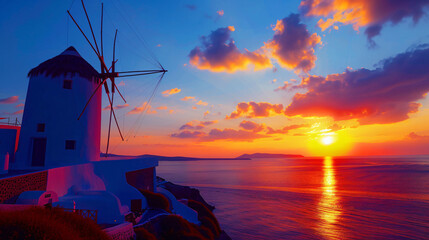 Famous windmill at sunset in Santorini island Greece.
