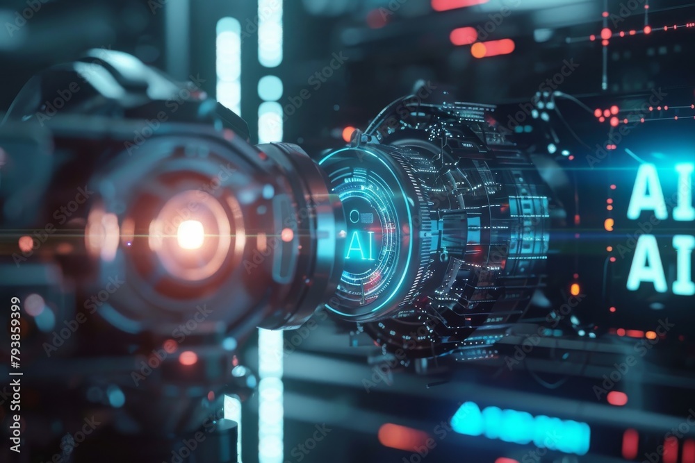 Poster an advanced artificial intelligence concept depicted through a camera lens with glowing ai text and 