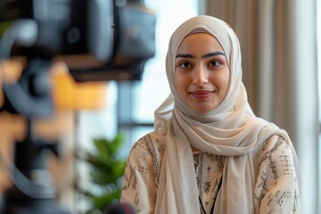 A composed woman in a hijab presents to a camera with confidence, highlighting the diversity of modern media