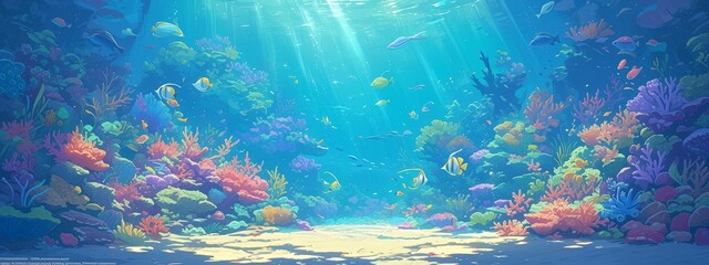 A vibrant coral reef with colorful fish swimming around, creating an underwater scene for an ocean-themed background