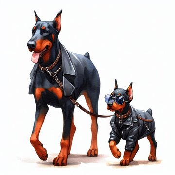 Doberman Pinscher Dog Father and Son  .  Happy Father's Day  Watercolor Clip Art. Greeting Postcard Art Cute Cartoon Character Drawing Illustration. For Dad and kids